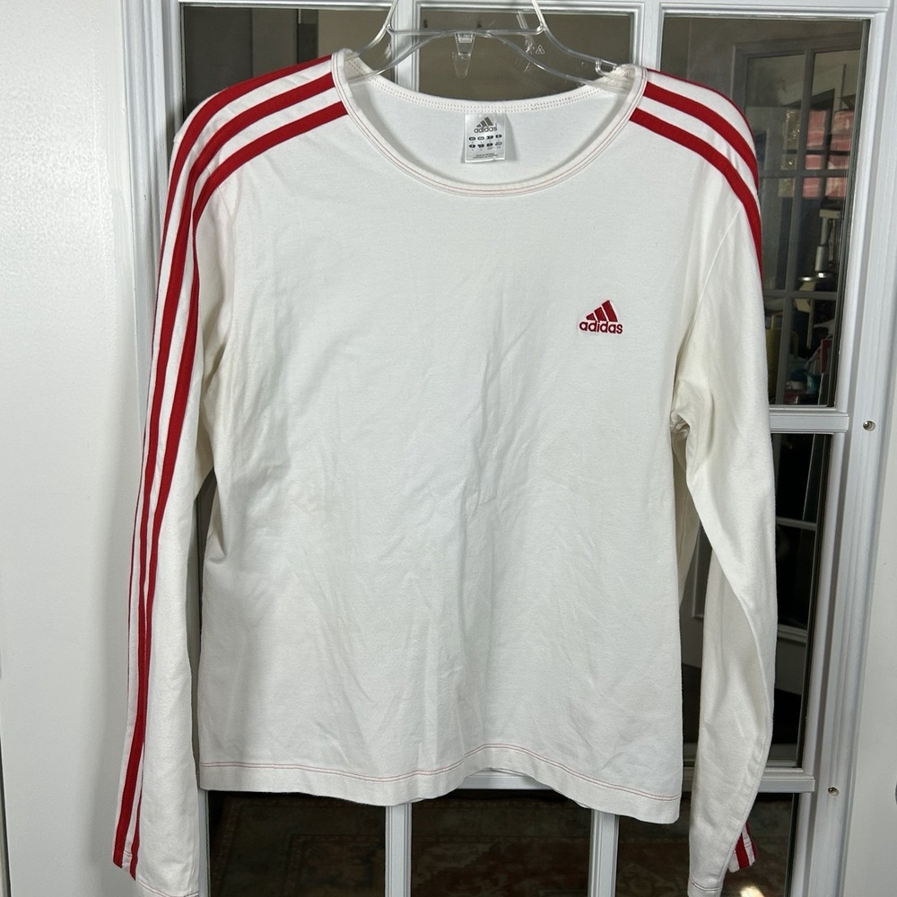 Vintage Adidas Women's Long Sleeve Tee Red White 3- Stripe Crewneck Large 2004